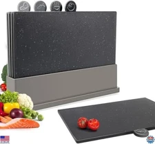 4-Piece Plastic Chopping Board Set with Icons & Stand, BPA Free, Dishwasher Safe