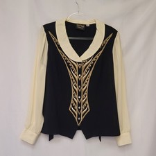VTG Bob Mackie Wearable Art Shawl Collar Blouse Semi Sheer Sleeve Embroidered LG