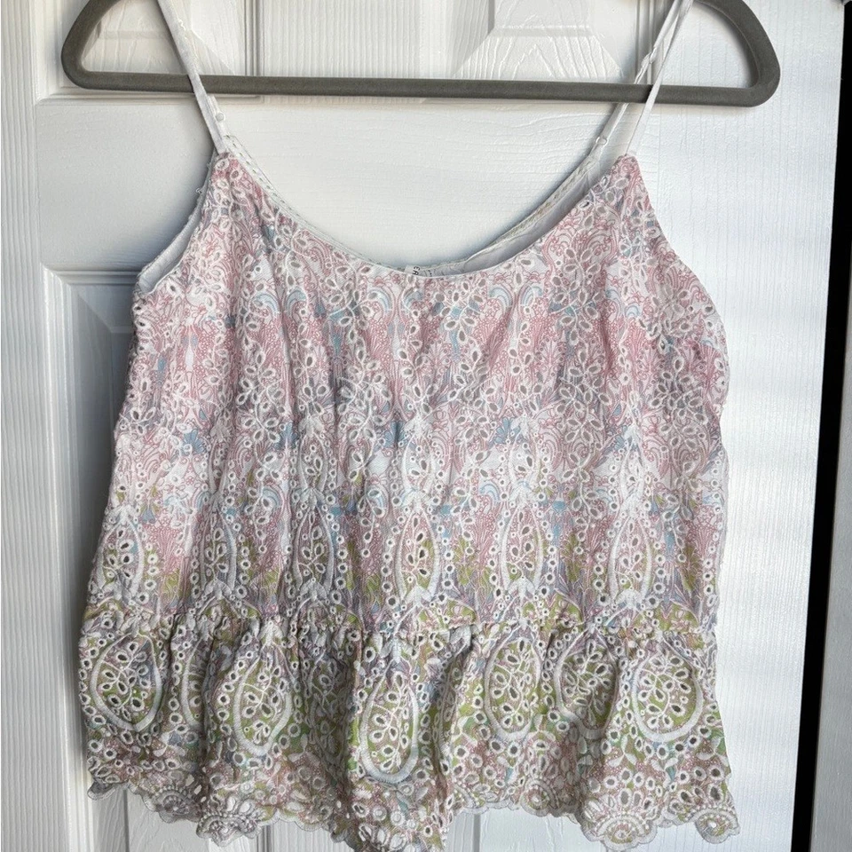 ANTHROPOLOGIE Eyelet Lace Camisole Feather Bone Gemma Pastel Color Tank Sz 0 - Image 4 of 4