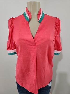 Mod Boutique Women's Puff Sleeve Mandarin Neckline Top-Coral Sz M #2