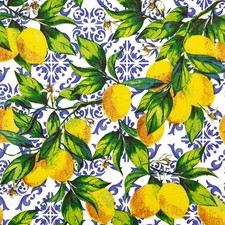 20 Servietten Citrus Branches on Tiles Blaues Muster Mediterran Zitronen 33x33cm