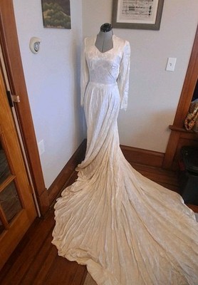 Vintage 1940s Wedding Dress, Old Hollywood Floral Silk Dress W Train Size S  