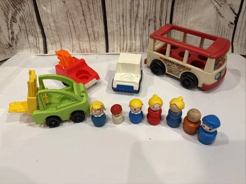 Fisher-Price Little People Vintage Lot, Mail Truck, Bus, Forklift Wooden