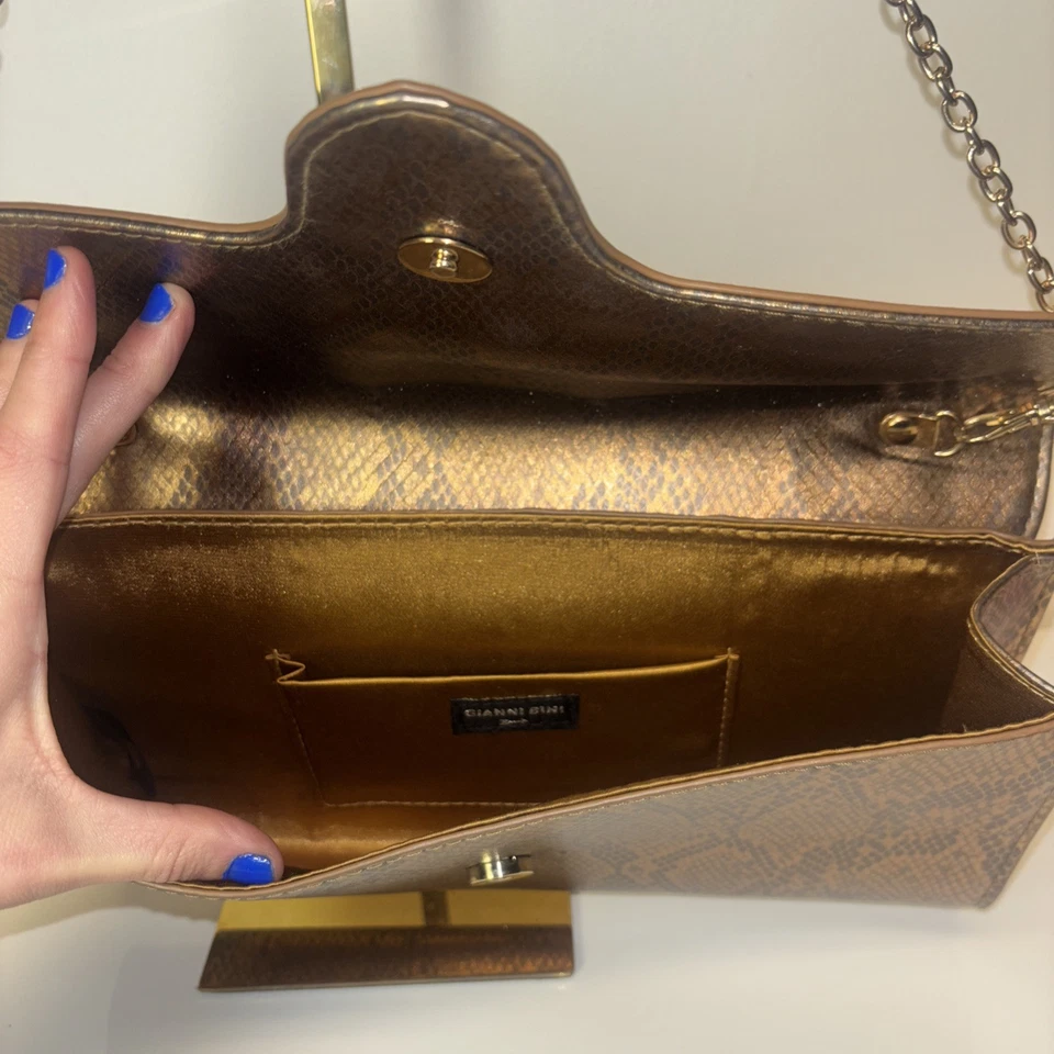 Gianni Bini Gold Metallic Rectangle Shaped Crossbody Purse Rhinestones Whimsical - Image 4 of 4