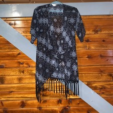 LuLaRoe Sheer Duster Kimono Cardigan Women's Small Black Gray  Fringe Monroe