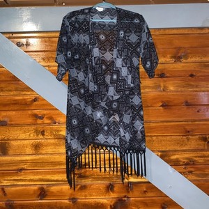 LuLaRoe Sheer Duster Kimono Cardigan Women's Small Black Gray  Fringe Monroe
