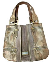 Vintage Jimmy Choo Mona Expandable Tote Embossed Gold Snakeskin & Taupe Suede