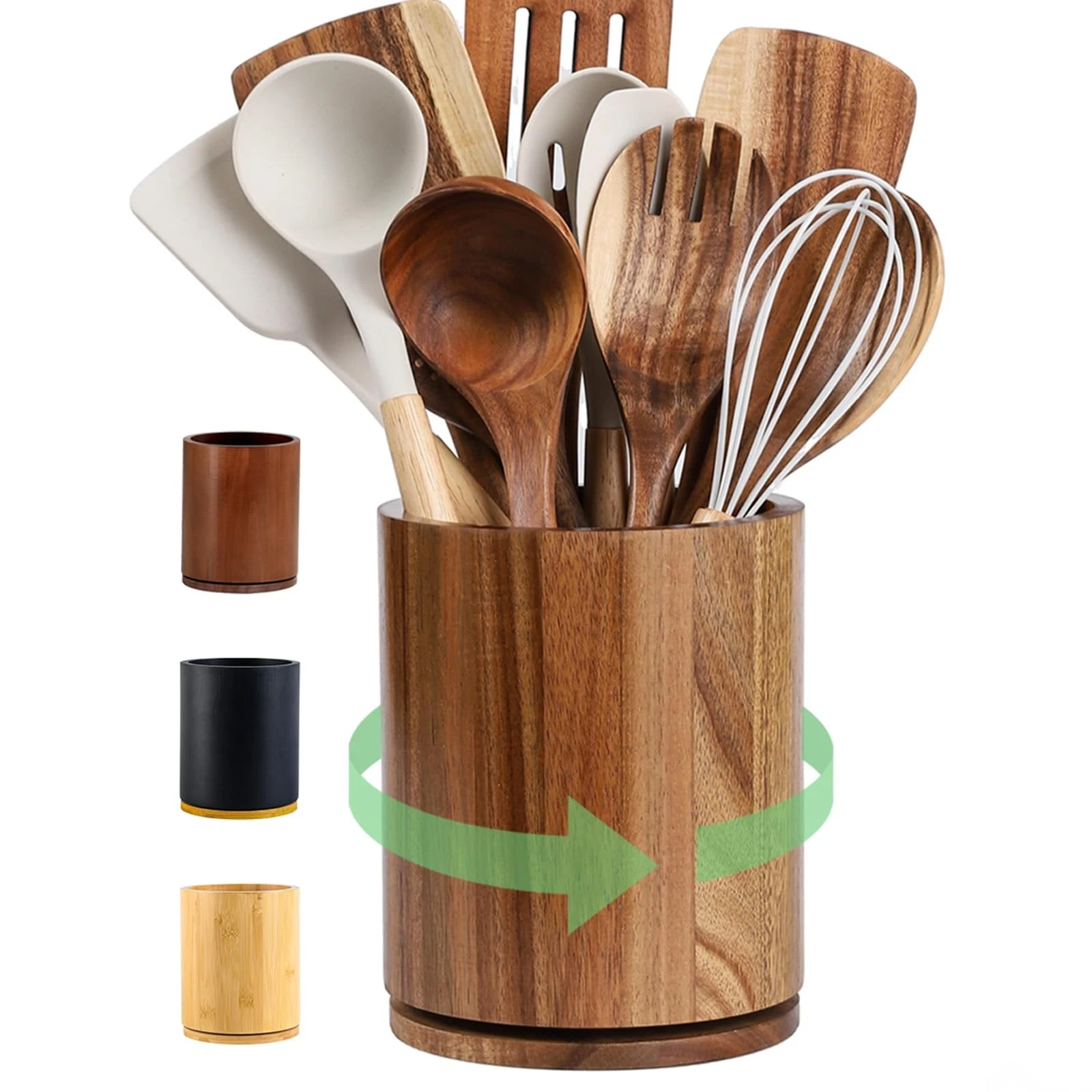 Wooden Utensil Holder, 360°Rotating 7.3'' Large Utensil Holder for Kitchen Co...