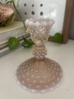 Vintage Hobnail Pastel Pink Milk Glass Candlestick w/ Scalloped Base Pretty EUC