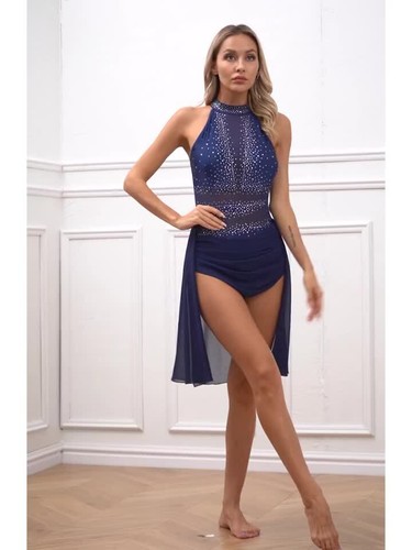 Women Modern Lyrical Dance Dress Shiny Rhinestone Sheer Mesh Leotard Dancewear - Video 1 of 1