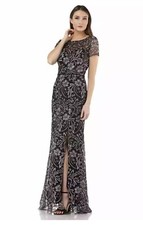 JS Collections Embroidered Mesh Trumpet Gown, Salmon/Black, Size 4