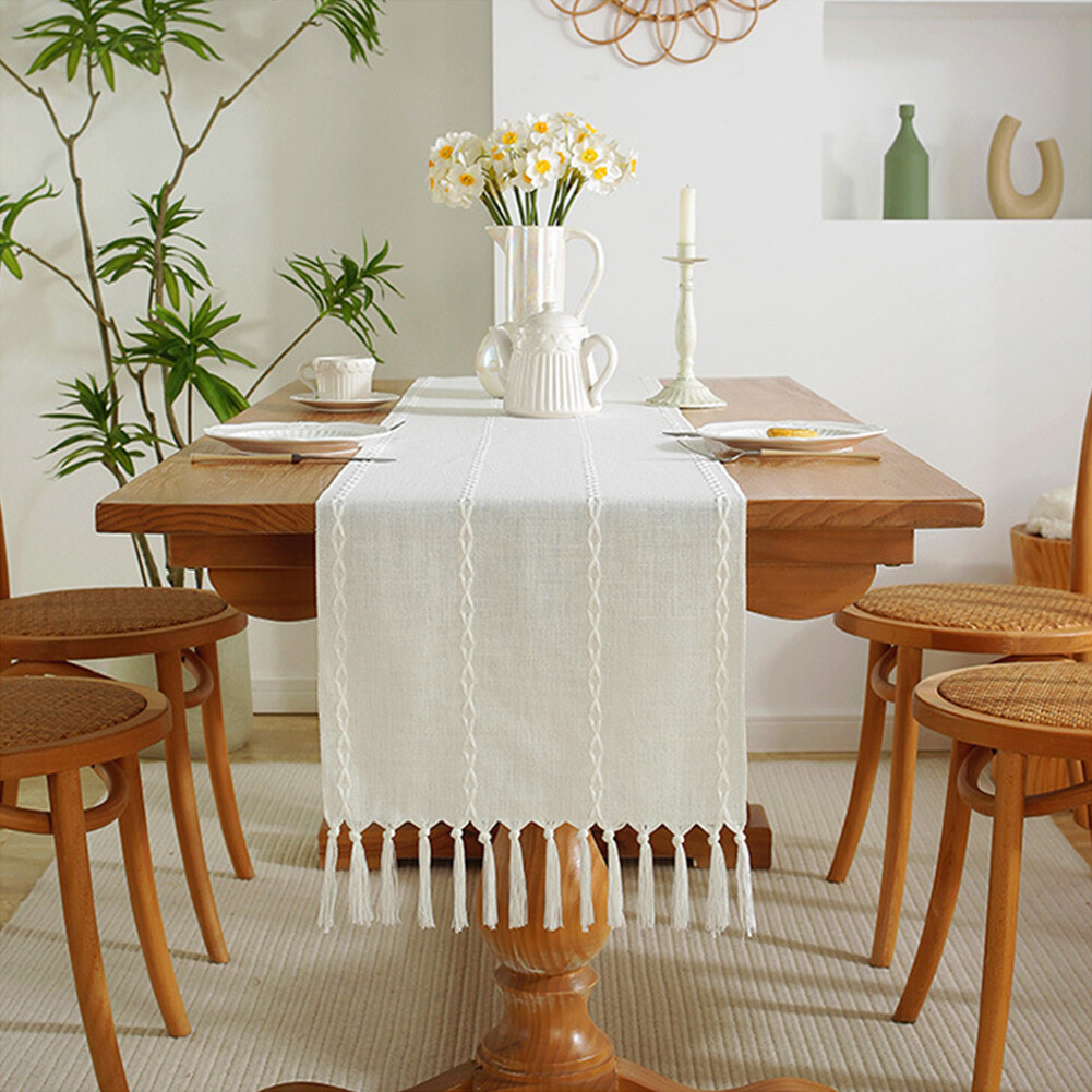 Cafe Cotton Linen Cover Hotel Dinning Room Table Runner With Tassels