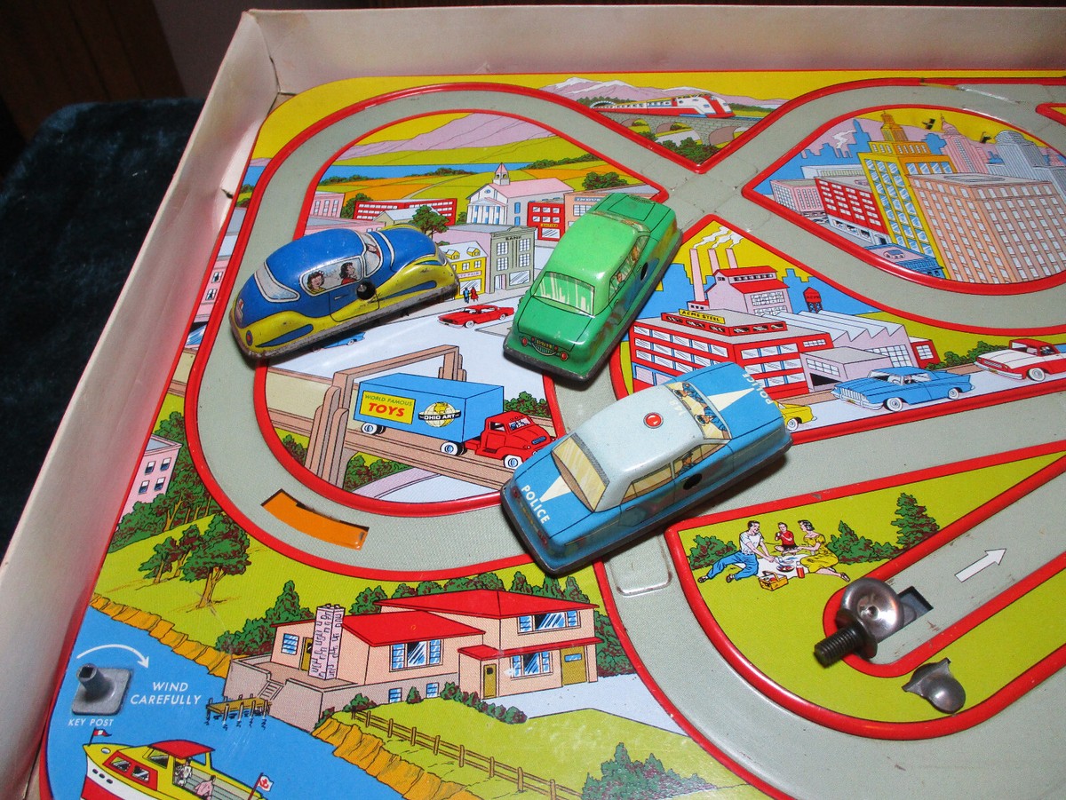 1955 Ohio Art Mechanical Traffic Control Tin Wind up Car Set Game