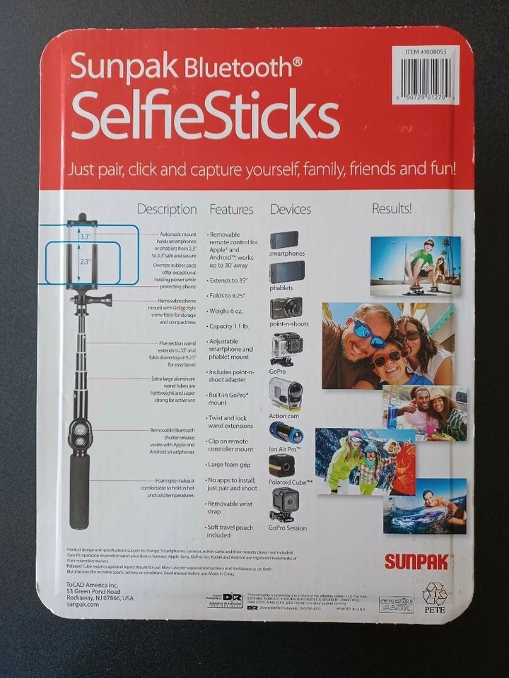 Paquete de 2 palillos para selfies Sunpak Bluetooth integrados disparador  Foto 2 de 2