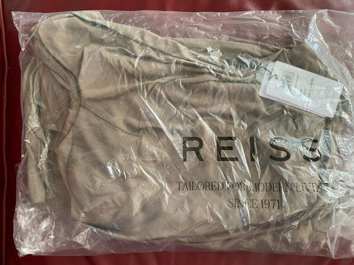 $210 REISS Fern Draped Bodycon Ruched Midi Dress | Mocha