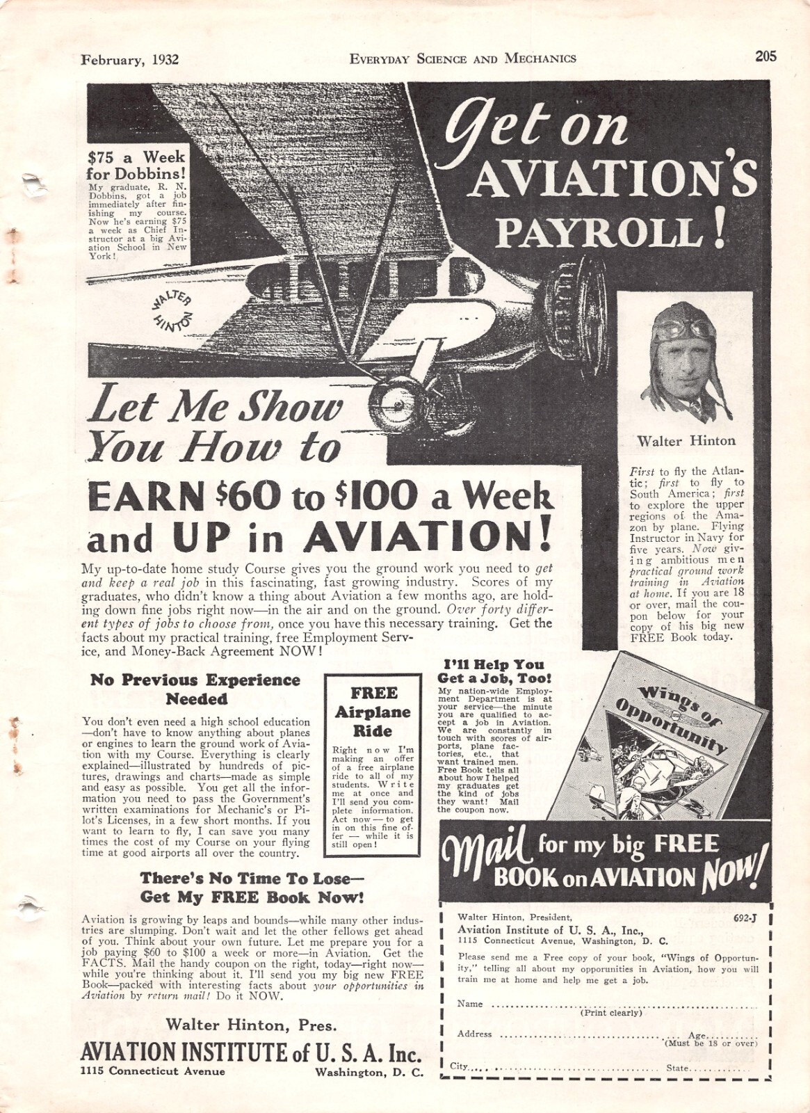 Aviation Institute of USA Inc At Home 1932 Vtg Science & Mechanics Mag Print Ad
