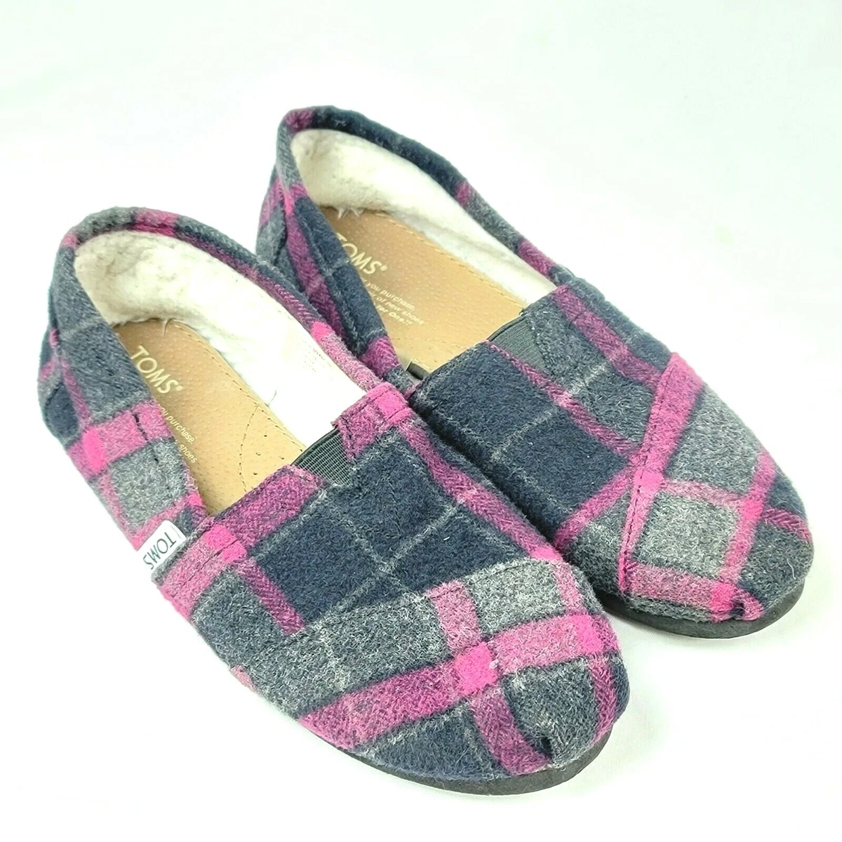 TOMS Plaid Faux Fur Lined Classic Slip On Shoes Flats Casual Women s Size US 7.5