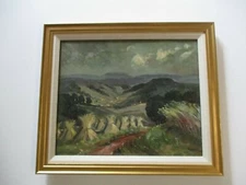 ANTIQUE OIL PAINTING  EJNAR HANSEN AMERICAN HAY STACKS REGIONALIST WPA LANDSCAPE