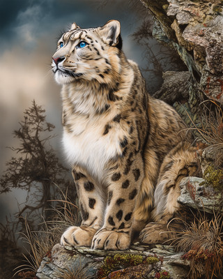 8x10 Snow Leopard sitting on rocky ledge - misty mountains - realism - 774007740