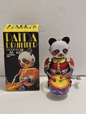 Vintage Tin Wind-Up Drumming Panda Toy Collectible Working w/ Key