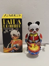 Vintage Tin Wind-Up Drumming Panda Toy Collectible Working w/ Key