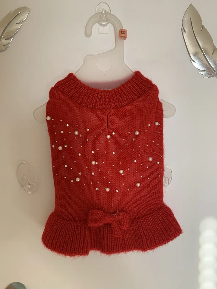 Vestido de Navidad rojo para perro con perlas (talla extra pequeña) Foto 2 de 4