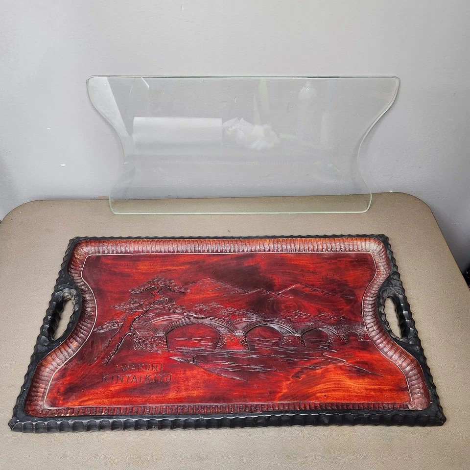 Bandeja para servir de madera tallada japonesa Iwakuni Kintaikyo con inserción de vidrio escena artística Foto 4 de 4