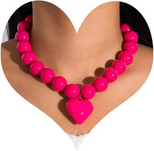 Chunky Beaded Hearts Necklace for Women Large White Beaded Heart Pendant Charm N