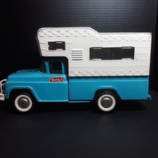 Buddy L Pickup Truck Blue w/ White Metal Camper Pressed Steel  Vintage 1960s