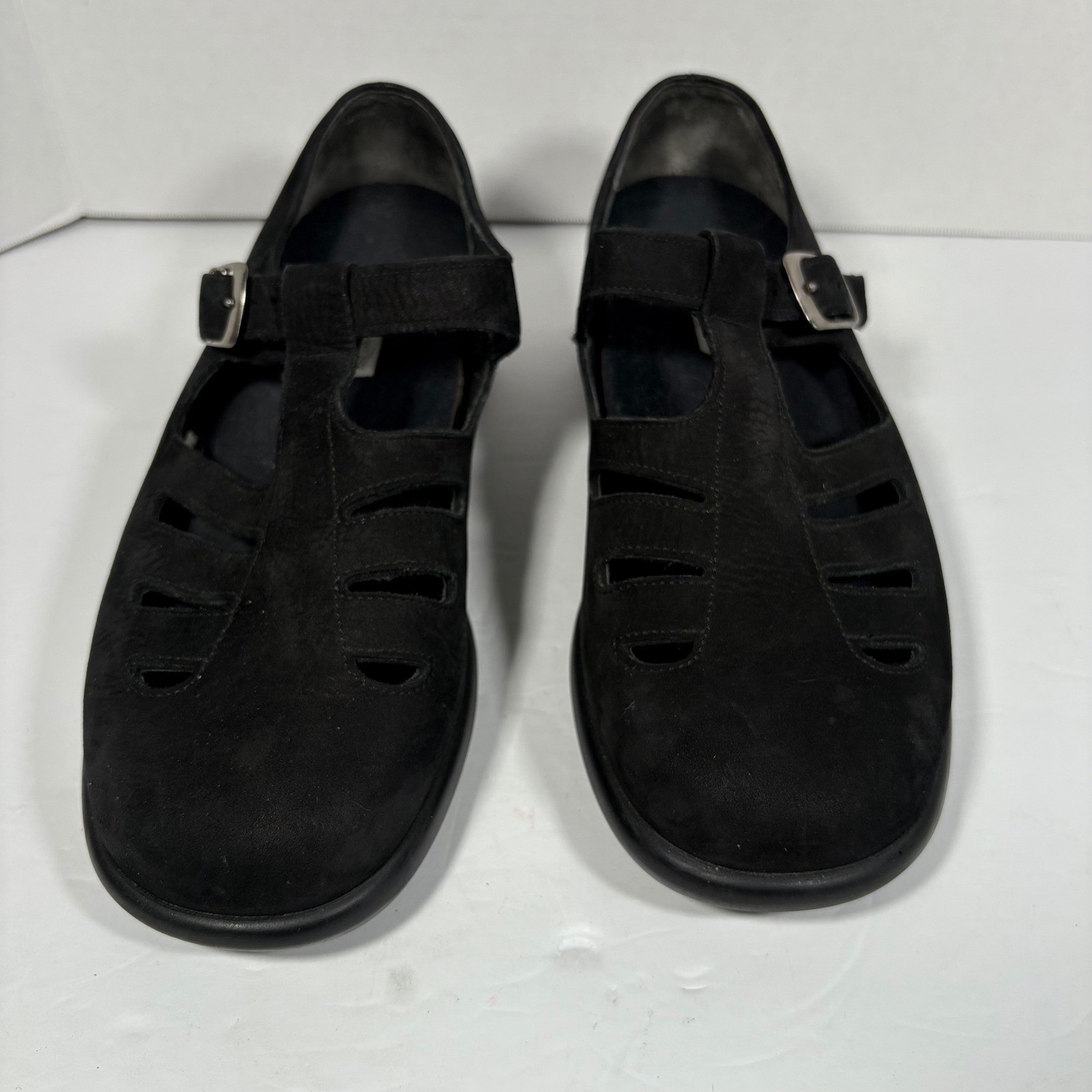 Munro black Mary Jane's loafers buckle closure 2" wedge cut outs comfort