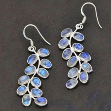 Women's Oval Moonstone Cluster Leaf Silhouette Silver Plated Dangle Earrings