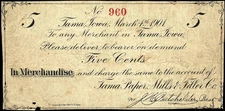 IW 5¢ TAMA Iowa The Tama Paper Mills & Filler Co March 4th, 1901  Merchant Scrip