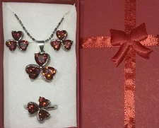 Stunning Red Garnet CZ Triple Heart Necklace, Earrings, & Ring Size 8 Set