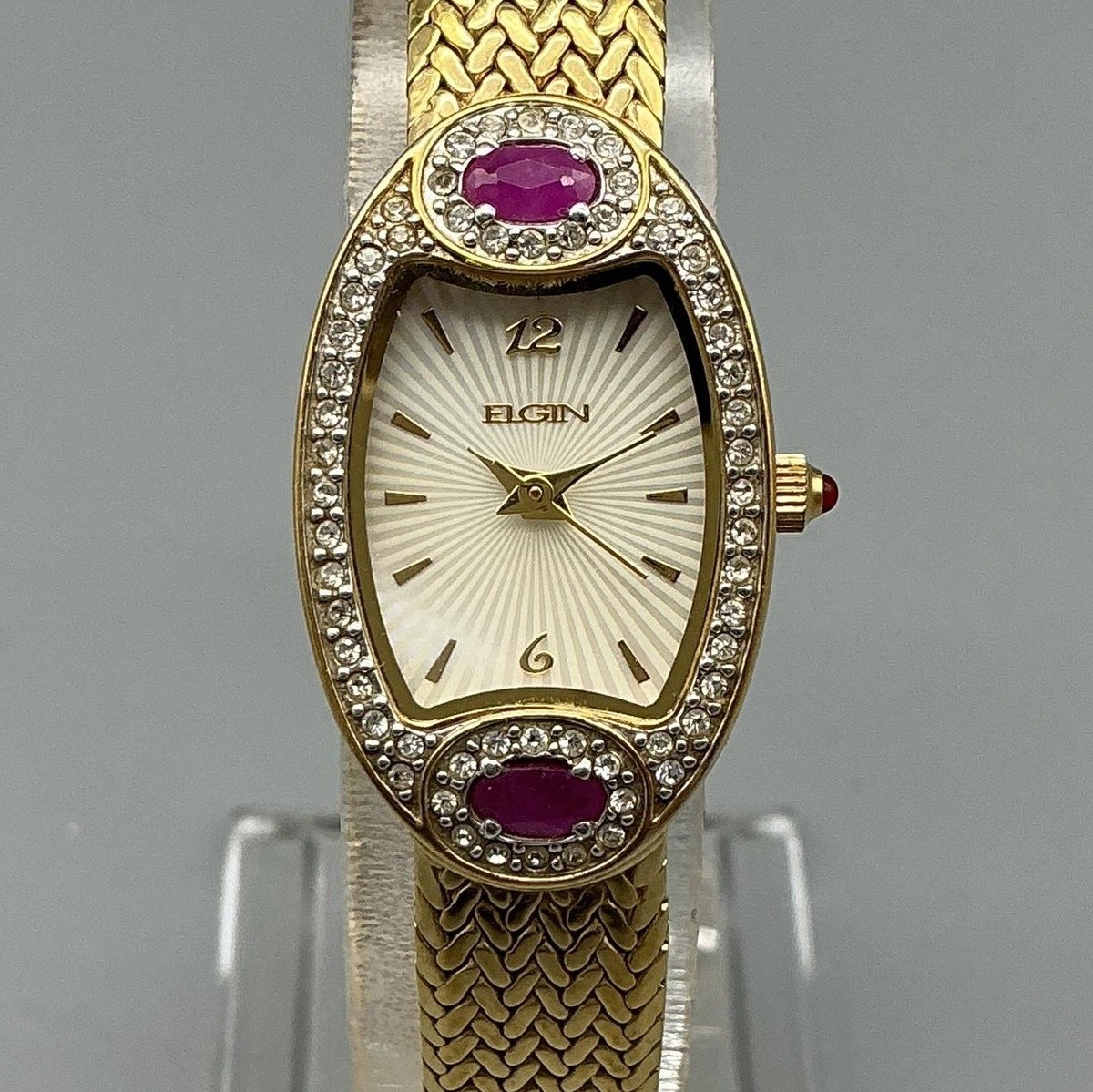 Elgin Womens Watch 18mm Gold Tone MOP Dial Ruby Gem Rhinestones
