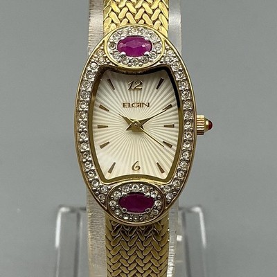 【定価7万】Traditional Weatherwear ELGIN 38 Elgin Womens Watch 18mm Gold Tone MOP Dial Ruby Gem Rhinestones