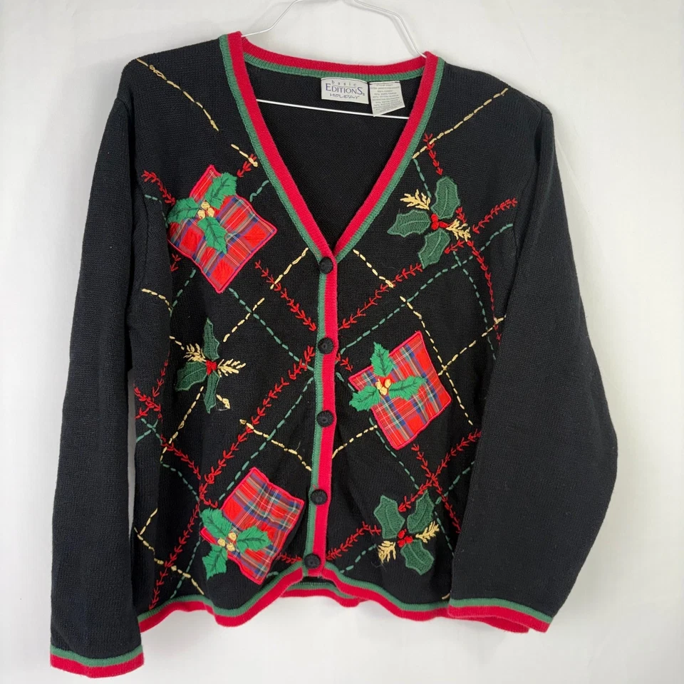 Cárdigan Suéter Navidad Feo Cuadros Negro Vacaciones Vintage Ediciones Básicas XL Foto 4 de 4