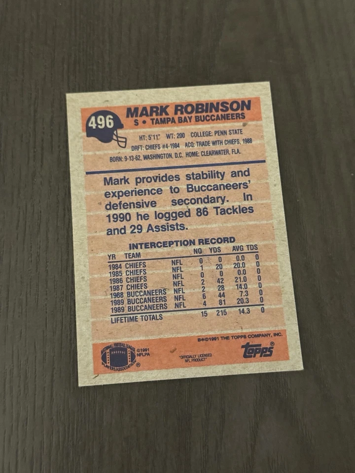 1991 Topps #496 MARK ROBINSON Tampa Bay Buccaneers HAND SIGNED Autographed Auto - Image 2 of 2