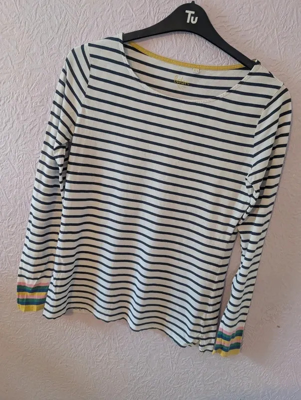 Boden Navy White Breton Stripe Top UK 12 Rainbow Cuff Long Sleeve Cotton Nautica image 2