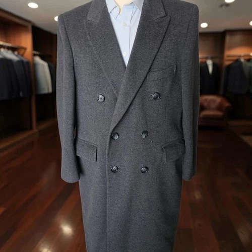 Bespoke Double Breasted Peak Lapel Overcoat 44r Gray Flannel Wool Vintage - product listing photo