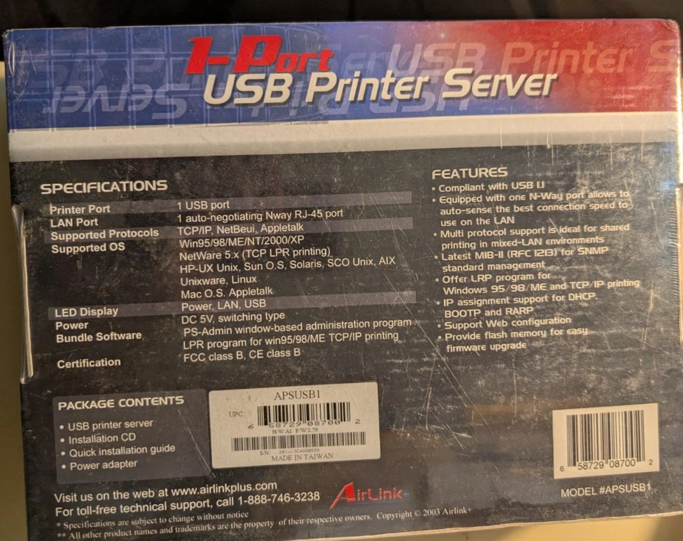 AIRLINKPLUS NETWORKING 1 PORT USB PRINTER SERVER APSUSB1  UPC:658729087002 - Image 2 of 2