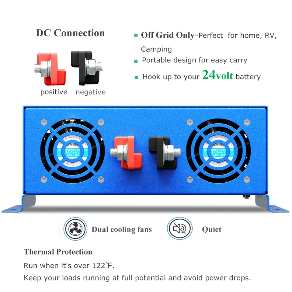 Power Inverter 2000W Pure Sine Wave Inverter 24V 110V 120V Solar Off Grid RV Car - Image 3 of 4