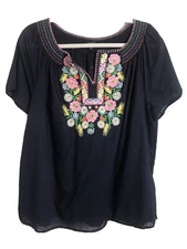 Talbots Woman Petites Embroidered Blouse Shirt-Navy Blue-Cotton-Size X petite