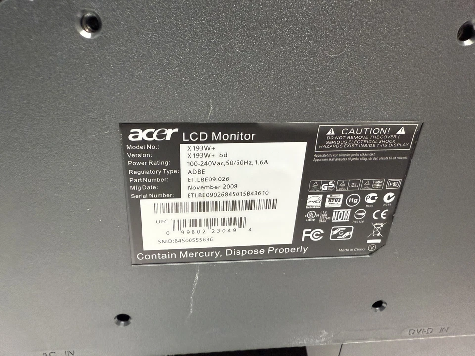 Acer X193W+ LCD Monitor 19" -Tested - Image 3 of 4