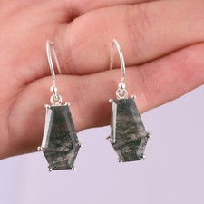 Moss Agate Gemstone Drop/Dangle Coffin Green Earrings 925 Sterling Silver