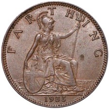 1935 Great Britain George V Farthing Coin – Dies 3+B – Bronze