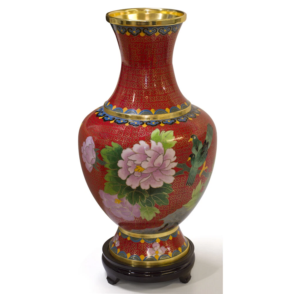 US Seller - Red Floral Motif Oriental Cloisonne Vase