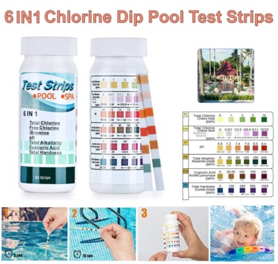 100x 6IN1 Chlorine Dip Pool Test Strips Tub SPA Swimming PH Tester Paper Bottle