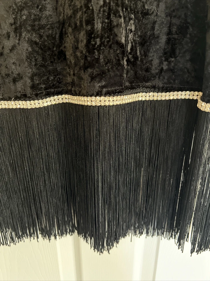 Vestido sin mangas de terciopelo negro personalizado vintage aspecto Gatsby flecos/abertura pequeño Foto 4 de 4