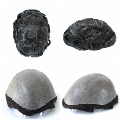 Mens Toupee Human Hair Replacement System Medium Poly Skin VLopp Hairpiece  #1B20