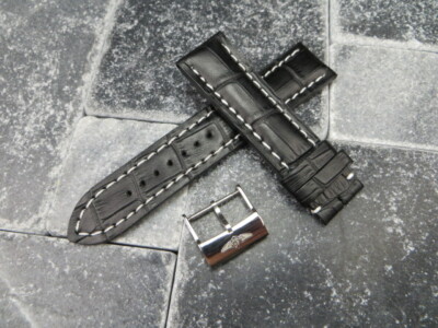 22mm Grain Leather Strap Black Watch Band with OEM BREITLING Tang Buckle WH